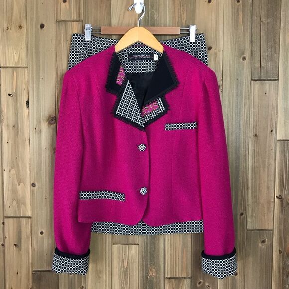 Vintage Canvasbacks Womens Art Wear Wool Suit Fushia Black & White 2 Button 12 - Picture 1 of 15